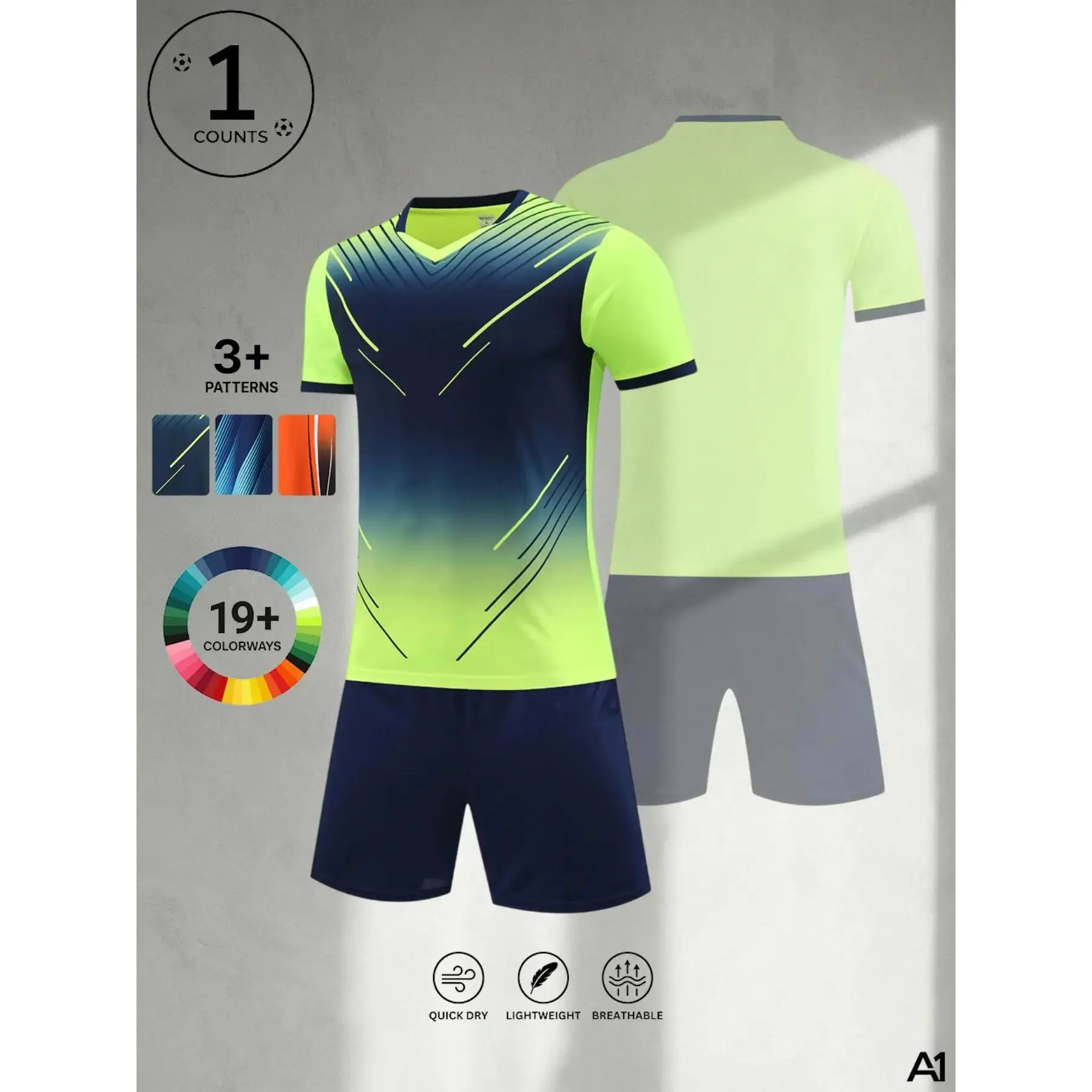 Mens Soccer Football Training Uniforms Set | Quick Dry Breathable Activewear Kit | V-Neck Short Sleeve Jersey & Shorts for Outdoor Sports