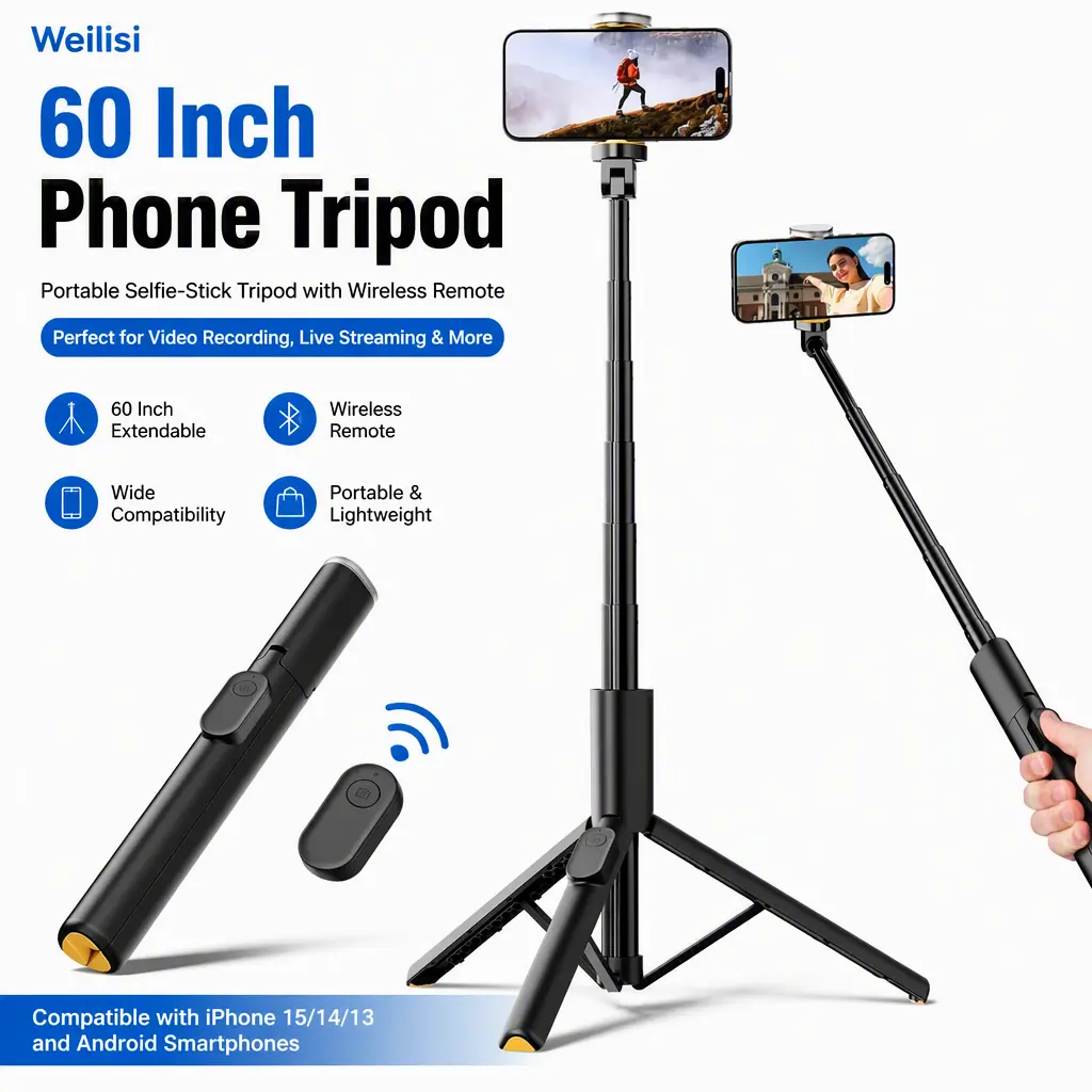 Weilisi Phone Tripod 60‑Inch Height Adjustable Selfie‑Stick, Portable Travel Tripod with Bluetooth Remote, Back‑to‑School Video Recording Accessory for iPhone & Android