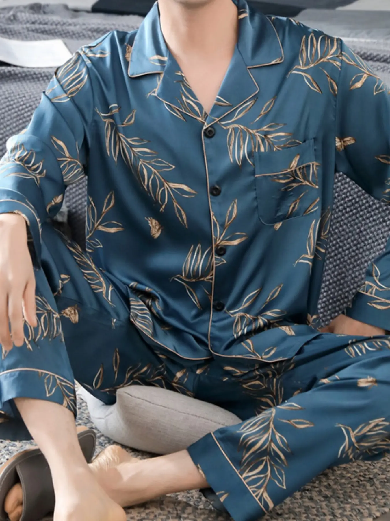 Men's Long Sleeve Long Pants Set, Printed Pajamas Pjs Pyjamas, Soft Casual Pajamas, Comfortable Home Wear, Loungewear, Four-Seasons Suitable, Button Front Cardigan Style, Nightwear, Pyjamas Sleepwear