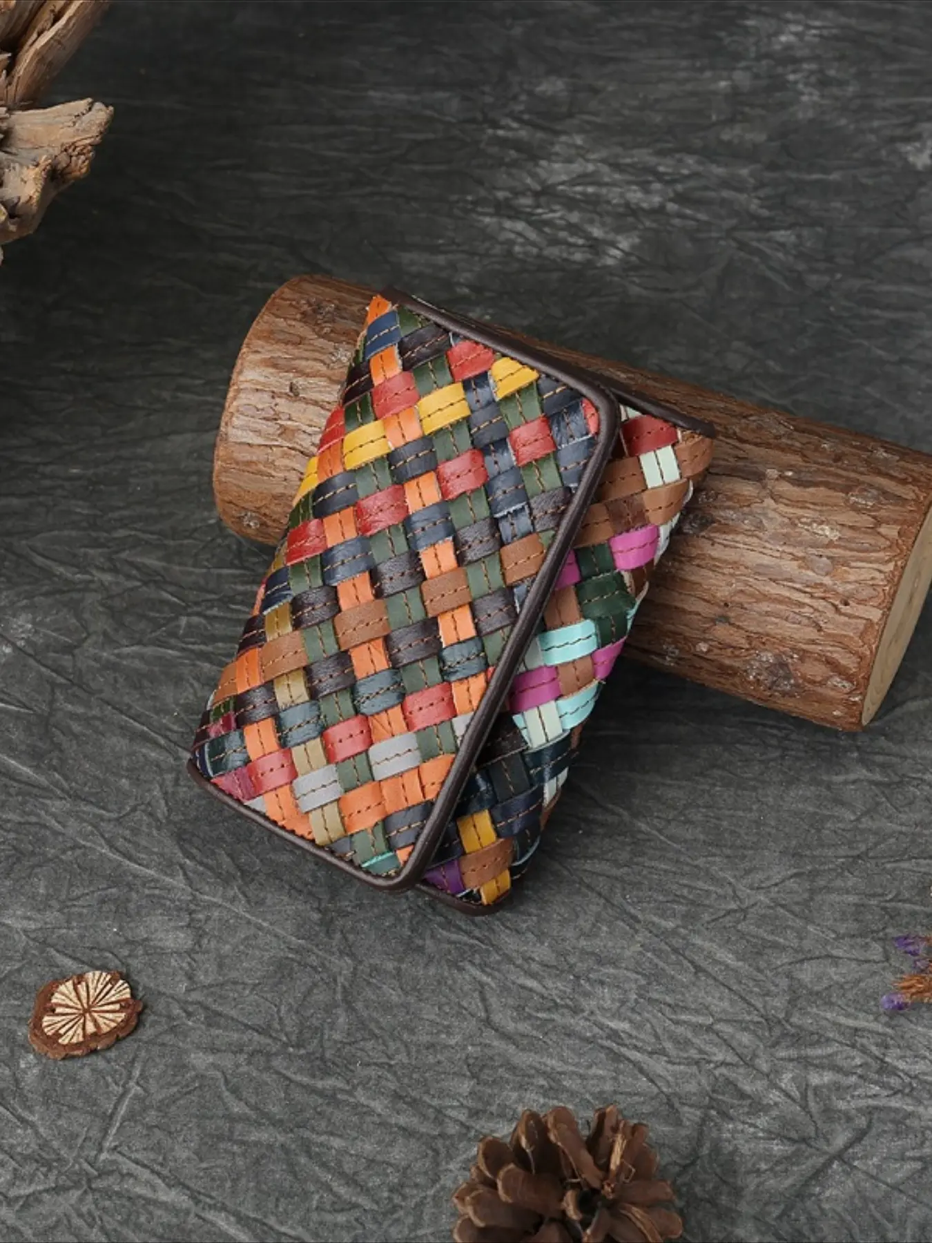 Special for handmade leather rainbow woven color matching short wallet large capacity multi-card folding buckle wallet