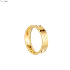 5mm Four-Leaf Clover Embossed Inlaid Crystal Stainless Steel Ring, Gold Silver Two Tone Anti-Tarnish Stackable Finger Jewelry for Daily Wear & Couple Matching