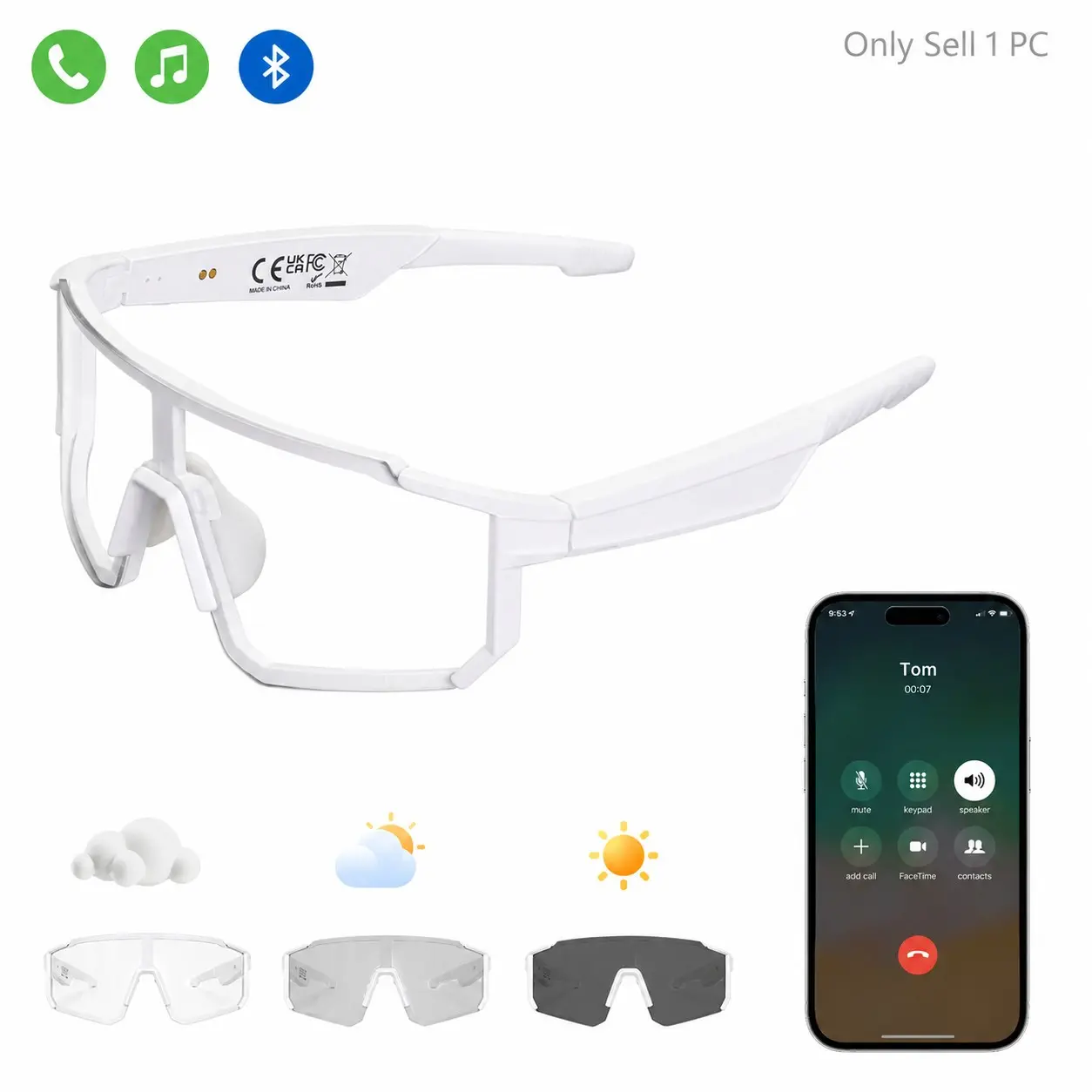 Photochromic Bluetooth Cycling Glasses for Men Women, Open-Ear Audio Sports Sunglasses with Hands-Free Calls, Voice Assistant and UV400 Protection for Running, Fishing, Hiking