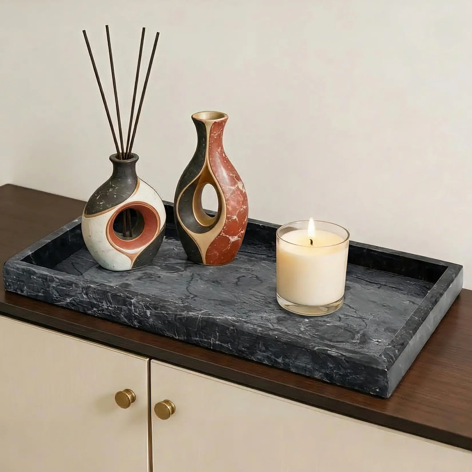 Natural Marble Bathroom Vanity Tray, Rectangular Stone Serving Tray with Non-Slip Pads, Easy-Clean Organizer for Bathroom, Kitchen and Dresser Decor