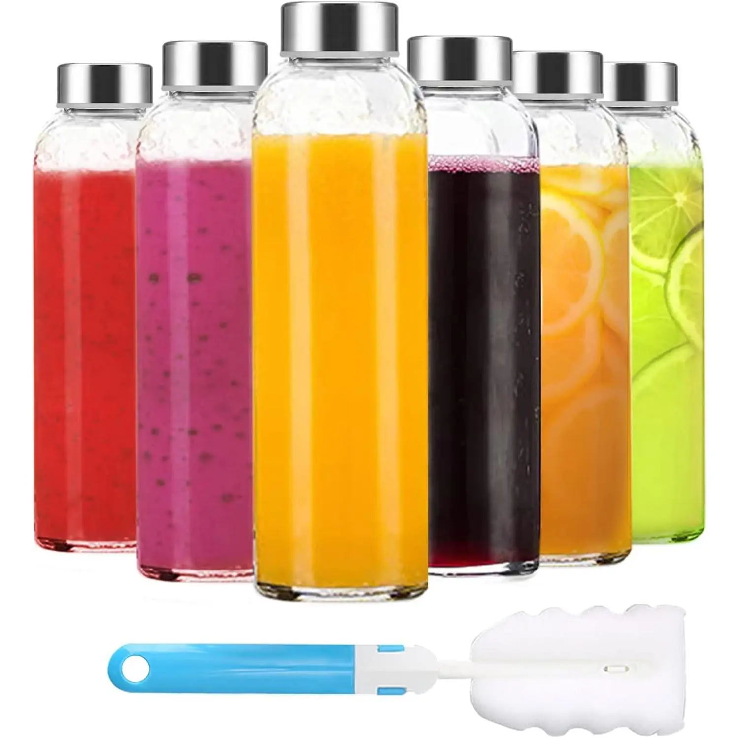 18 oz Glass Water Bottles, Clear Glass Bottles with Lids 6 Pack | Leak Proof Reusable Juice Bottle with Stainless Steel Cap for Juicing, Refrigerator, Dishwasher Safe,BPA-Free Juice Container