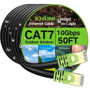 Outdoor Cat 7 Ethernet Cable 50ft, 26AWG Heavy-Duty Cat7 Networking Cord Patch Cable RJ45 10Gbps Transmission Speed 600Mhz SFTP Waterproof Direct Burial LAN Wire Cable