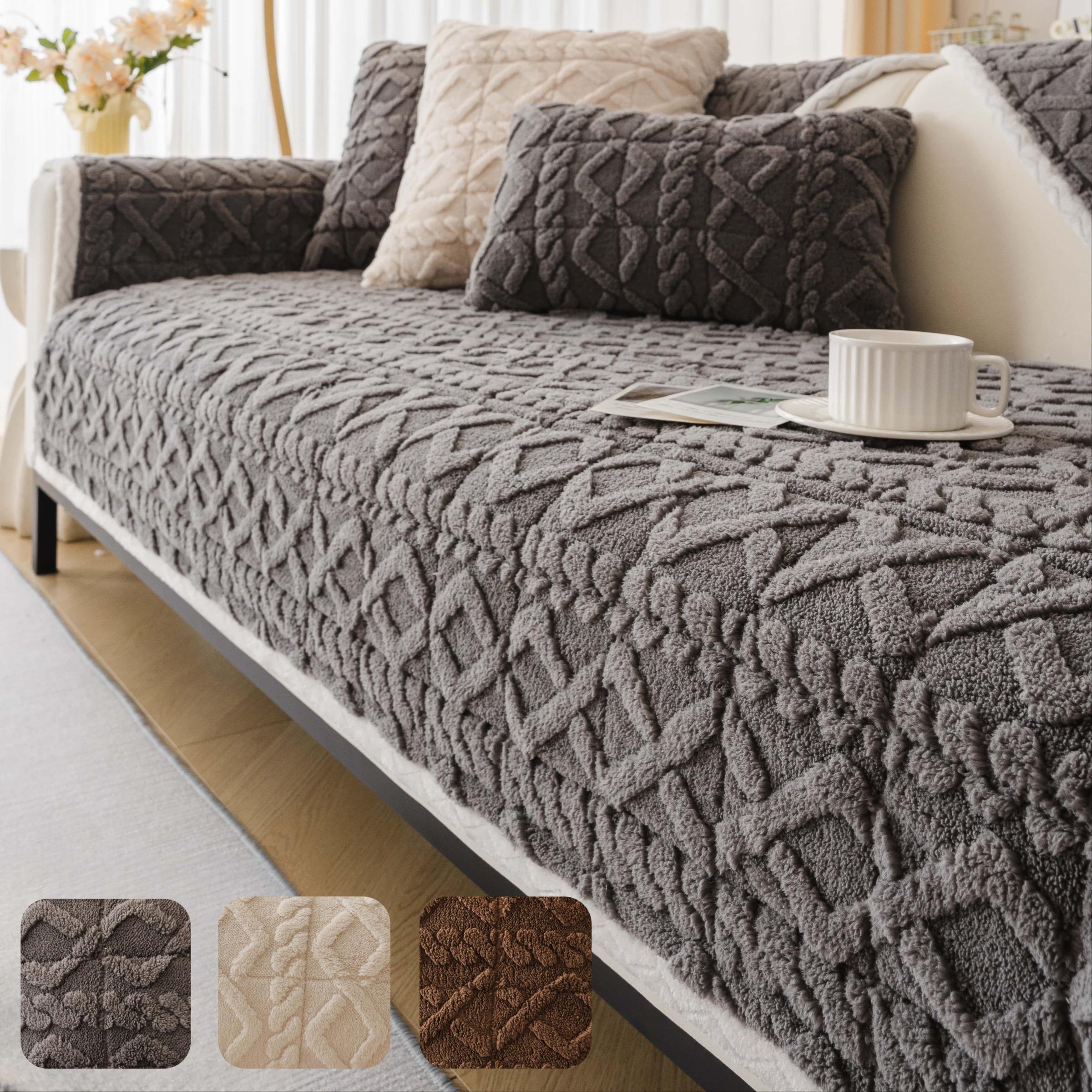Soft Plush Geometric Quilted Couch Sofa Cover, 1 Count Boho Non Slip Fuzzy Sectional Couch Cover, Solid Color Plush Sofa Cover, Warm & Thick Decorative Sofa Cover for Living Room, Office, Bedroom Decor, Soft Sofa Protector