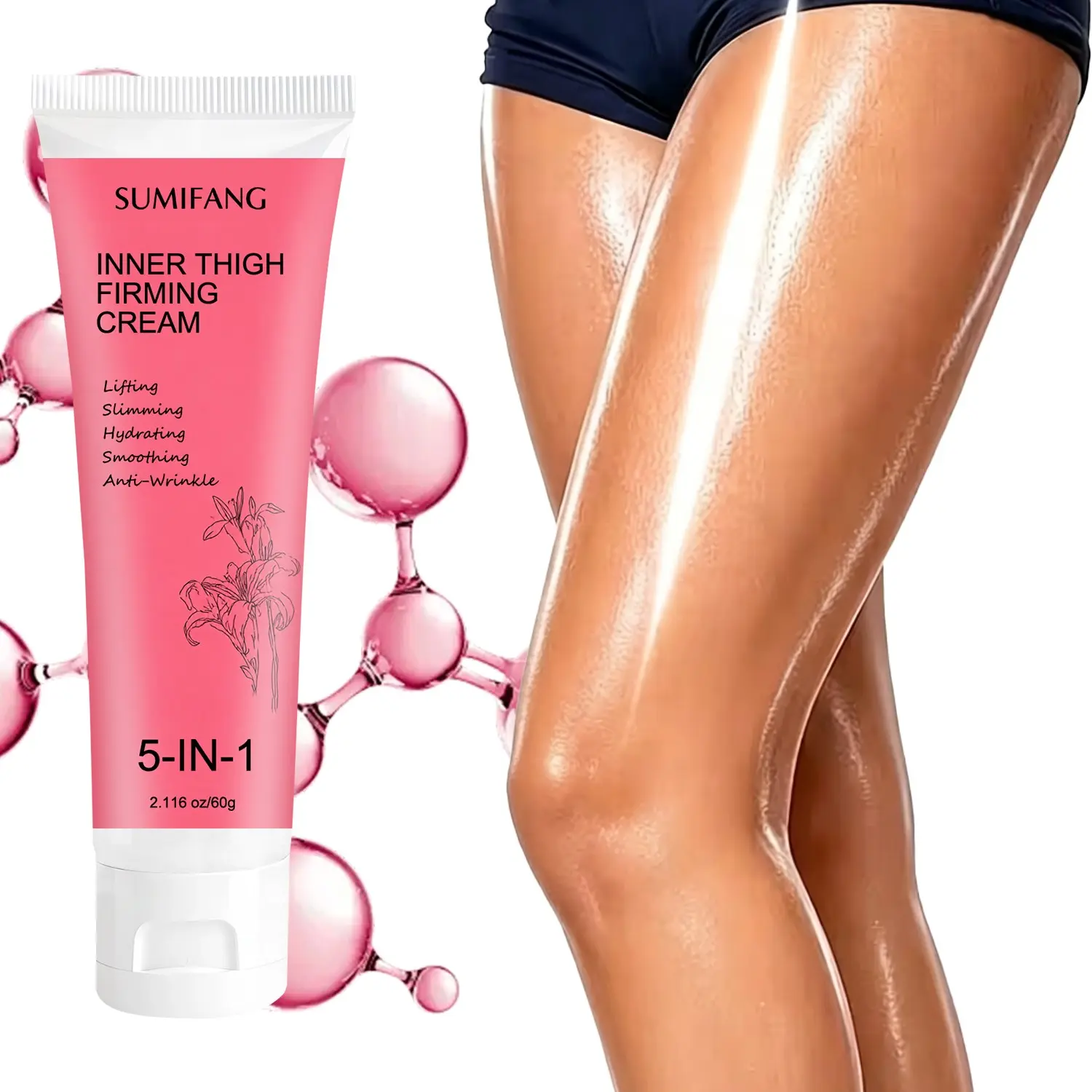 SUMIFANG 60g Inner Thigh Firming Cream, with hyaluronic acid + hydrolyzed collagen + glycerin, helps tighten, hydrate, and smooth the skin, making it look firmer and feel more elastic. Suitable for all skin types.