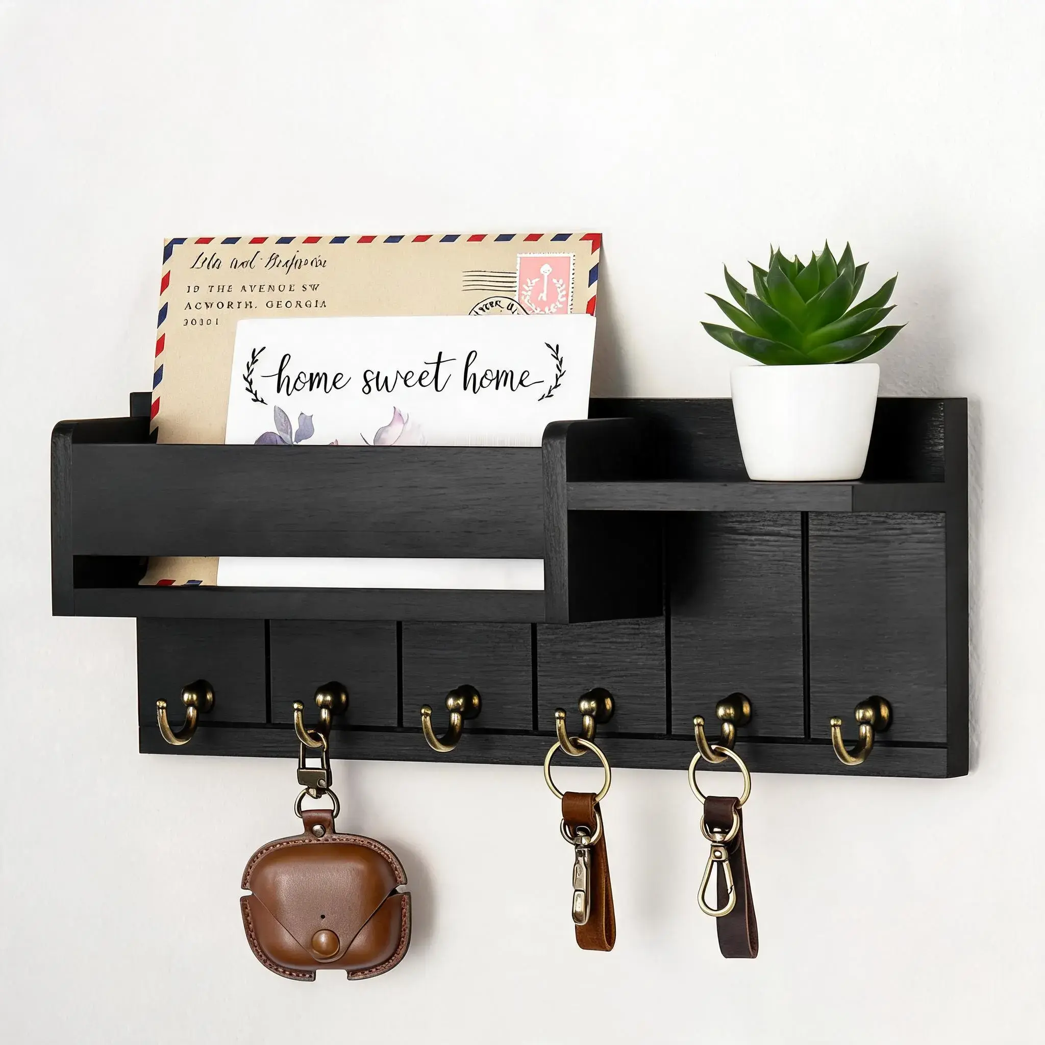 Wall-Mounted Wooden Key Holder Shelf with 6 Key Hooks & Mail Sorter, Home Organizer for Entryway & Living Room, Wooden Wall Rack #GLOBAL PICKS