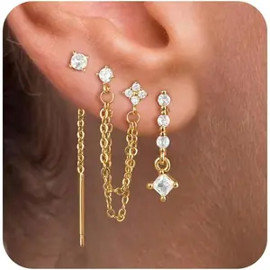 Dangle Earrings 3/4 Pairs Dainty 14K Gold Plated Earrings for Women Trendy Chain Earring Stacks Set Cubic Zirconia Drop Hoop Stud Hypoallergenic Earrings for Women Jewelry Gifts