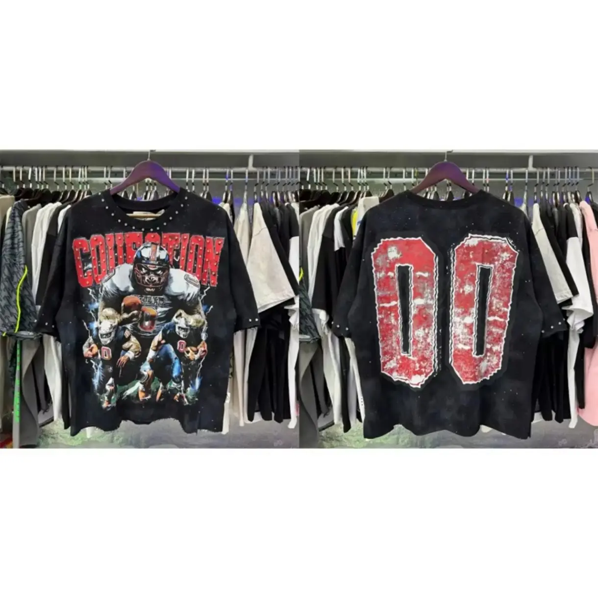 BKYS American High Street Rhinestone Graphic Tee, Heavyweight Cotton Oversized T-Shirt, Embroidered Diamond Pattern Y2K Hip Hop Streetwear Top, Unisex Fashion