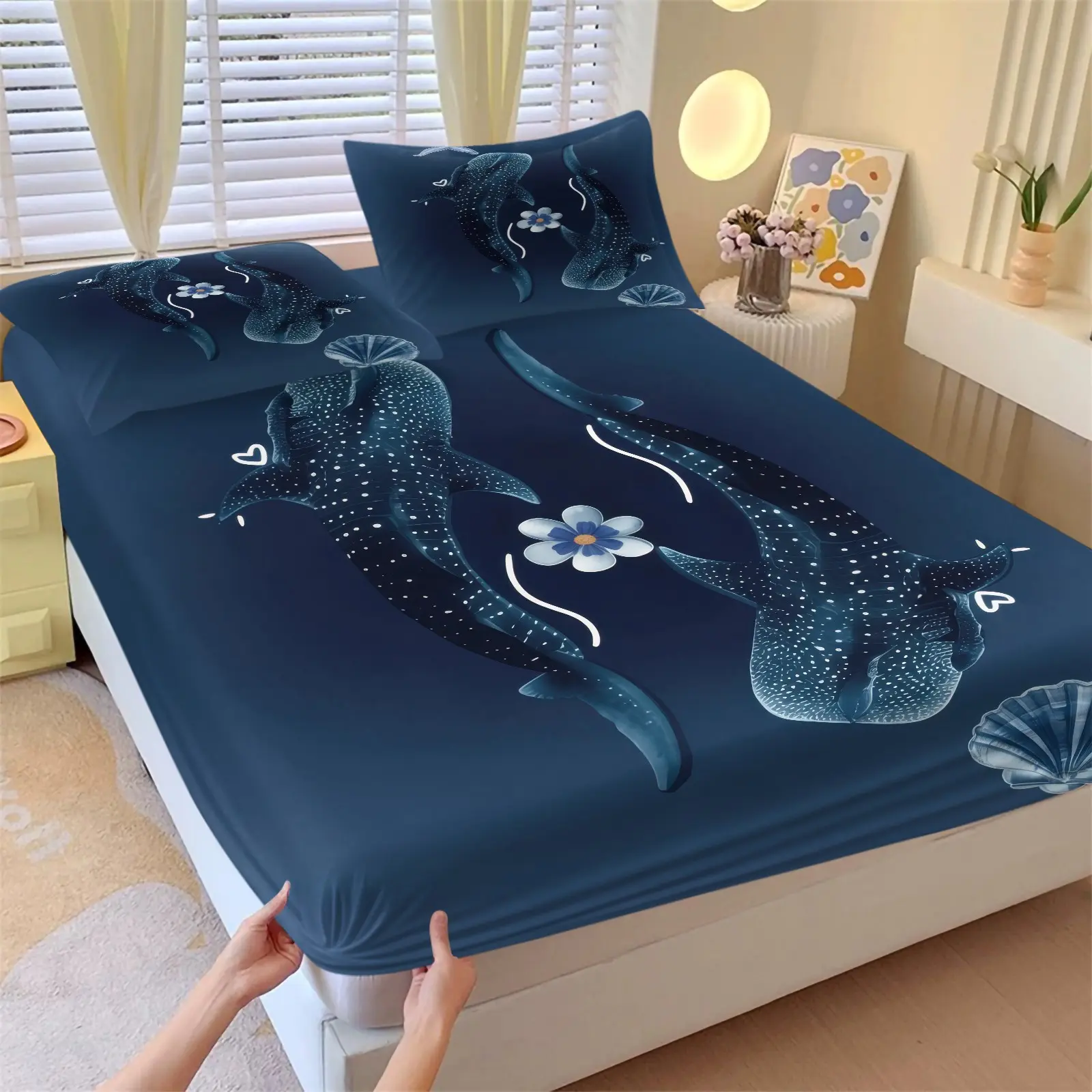 Dark Blue Whale Shark Shell & Flower Printed Fitted Sheet Set, Include 1 Bedspread and 2 Pillowcases, Skin-friendly Breathable Dustproof Washable Mattress Cover, Deep Pocket Full Elastic Bedcap, All Seasons Use