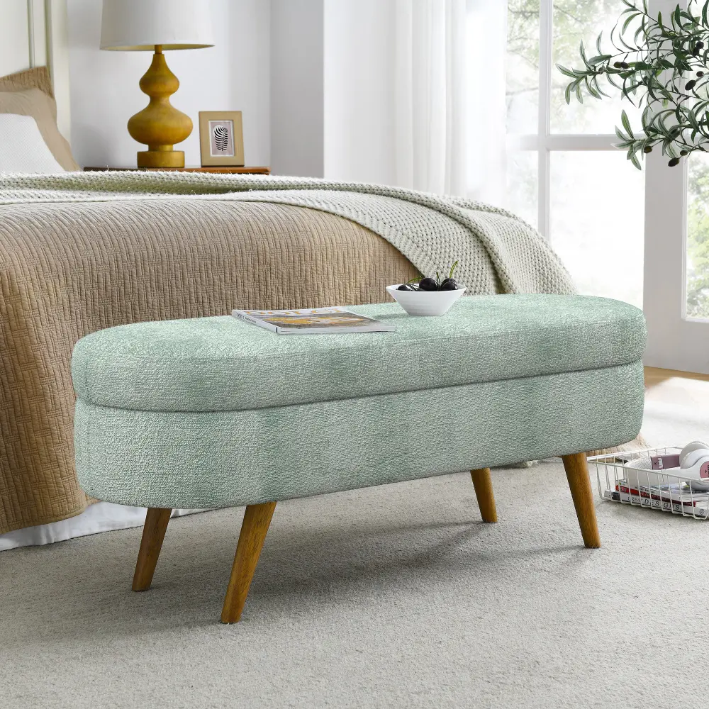 43.5" Oval Storage Ottoman Bench with Rubber Wood Legs, Upholstered Footrest Bench, Modern Entryway Bench for Bedroom Living Room, Hidden Storage Chest Seat, Decorative Accent Bench, Gray & Cyan Color Furniture for Home Decor