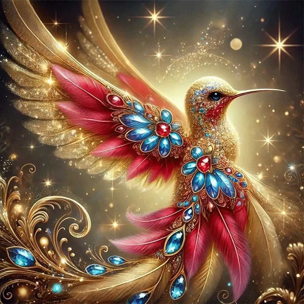 1PC,2D Exquisite Diamond Painting Kit Sparkling Hummingbird with Golden Feathers and Precious Gemstone Accents DIY Craft for Home Decor Adults Kids Art Craft Gift Idea Colorful Rhinestone Embroidery Kit