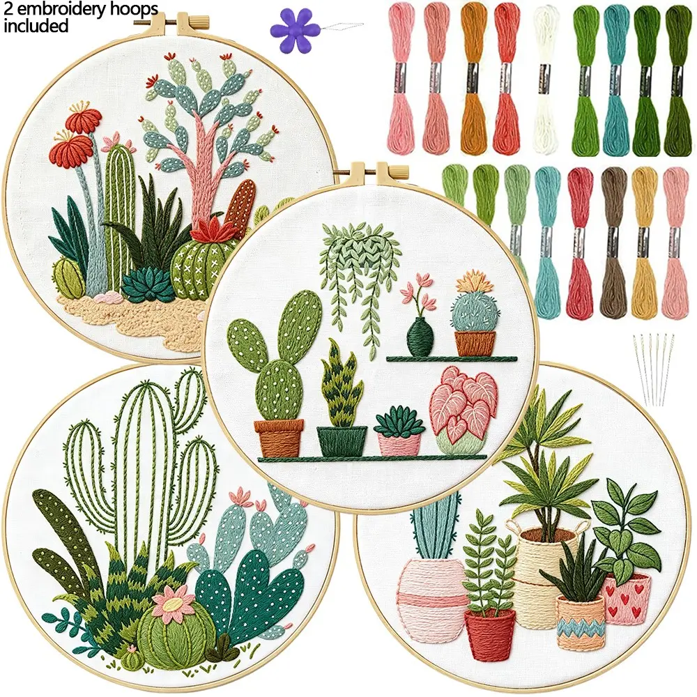 Cactus Theme Beginner Embroidery Kit, Pre-Printed Patterns, Includes 2 Hoops, Thread, Tools, Perfect for Sewing Enthusiasts