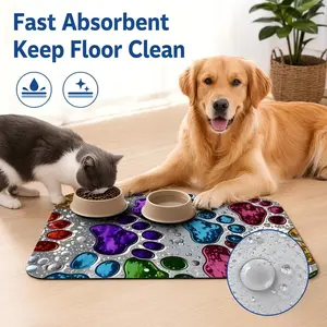 Quick-drying, absorbent pet feeding mat (suitable for cats and dogs), with a non-slip rubber backing and a dark-colored polyester surface, designed for indoor use