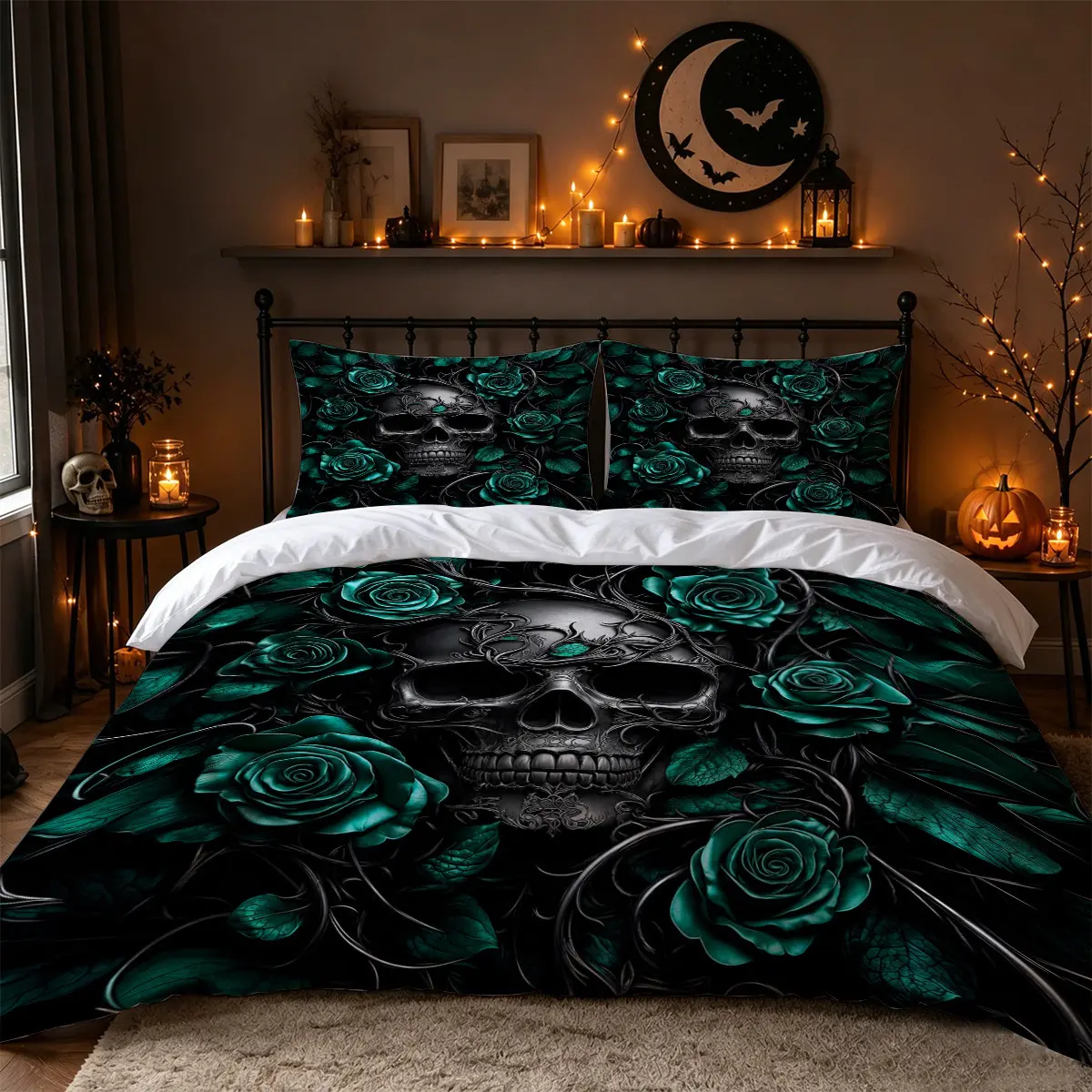 3Pcs Emerald Green Rose Ornate Skull 3D Print Duvet Cover Set, Dark Gothic Halloween Bedding with 1 Duvet Cover and 2 Pillowcases, No Comforter, Black Green Floral Bedroom Decor for Adults, Couples, Apartments, Dorms and Guest Rooms