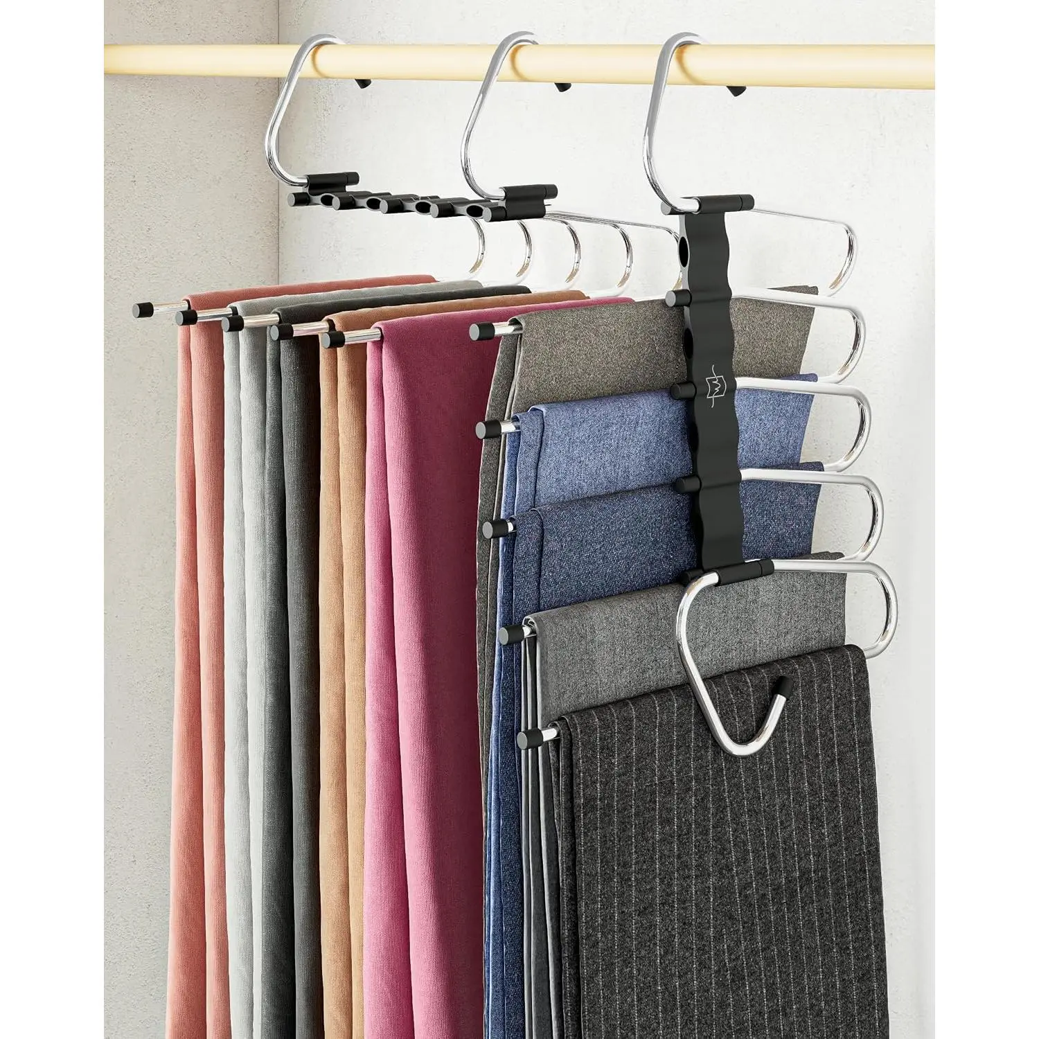 Pants Hangers Space Saving - 2 Pack - Non-Slip Multi-Layer Space Saving Hangers - Multifunctional Clothing Rack for Closet Storage - Ideal for Jeans, Trousers, Skirts, Scarves & Slacks (Black)