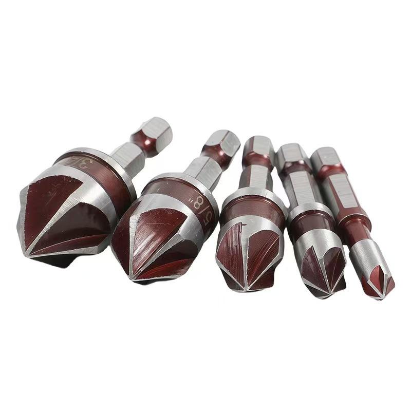 5-Piece Countersink Drill Set, Hex Shank Five-Flute Chamfering Tool, Hard Alloy, Titanium Coated, for Metal Wood Composite Material
