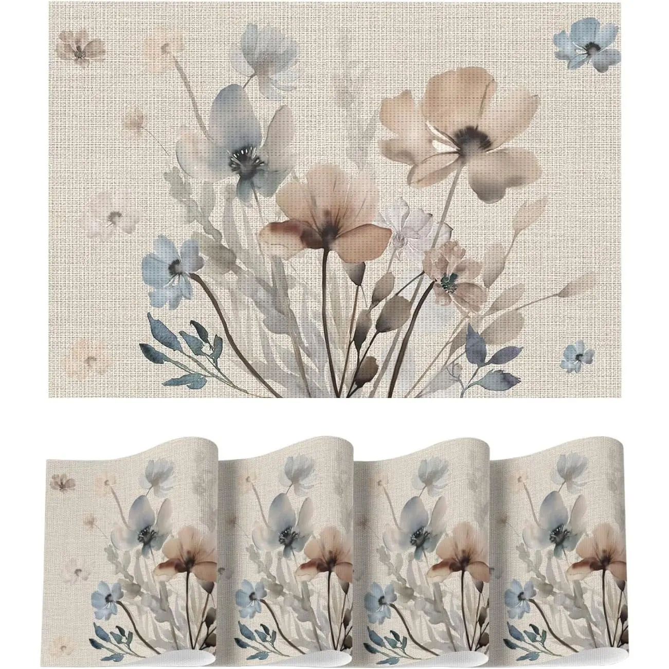 Brown Poppy Floral Vinyl Plastic Placemats Set of 4, Washable Non-Slip PVC Table Mats for Party Kitchen Dining Decor, 12x18 Inch