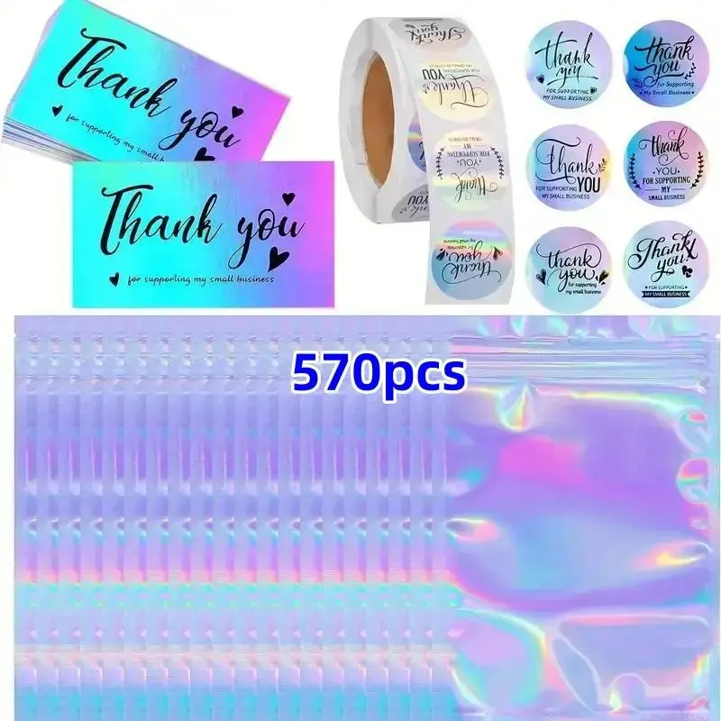 570 Piece Thank You Card and Sticker Set, Bulk Thank You Cards, Includes 50 Business Cards, 20 Packaging Bags, 500 Stickers, Perfect for Gifts and Events