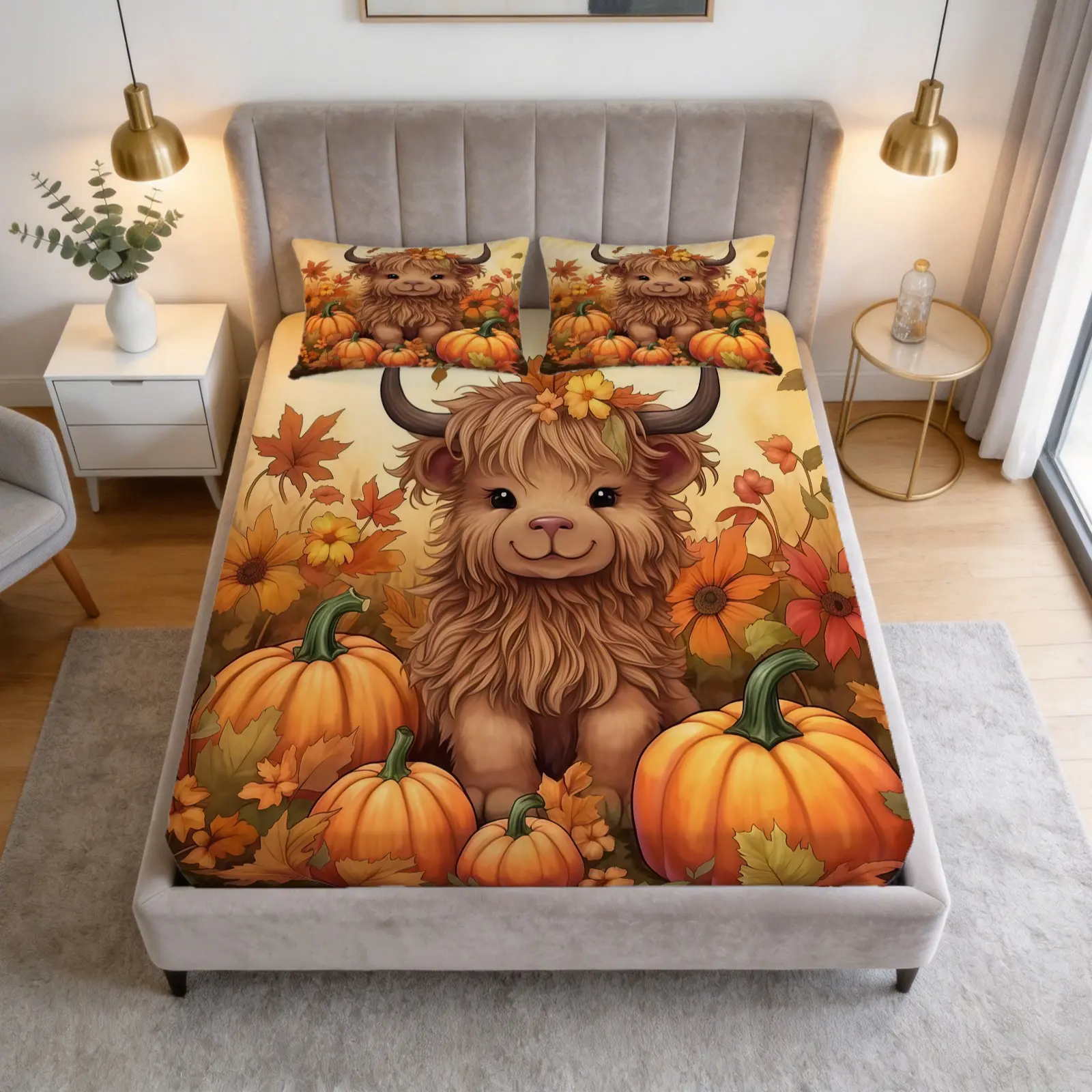 Autumn Harvest Pumpkin Theme Highland Cow Print Pattern Bed Sheet Set, 1 Bed Sheet With 2 Pillowcases (Excluding Pillow Core), Suitable For Teenagers And Adults, Suitable For Bedroom Decoration