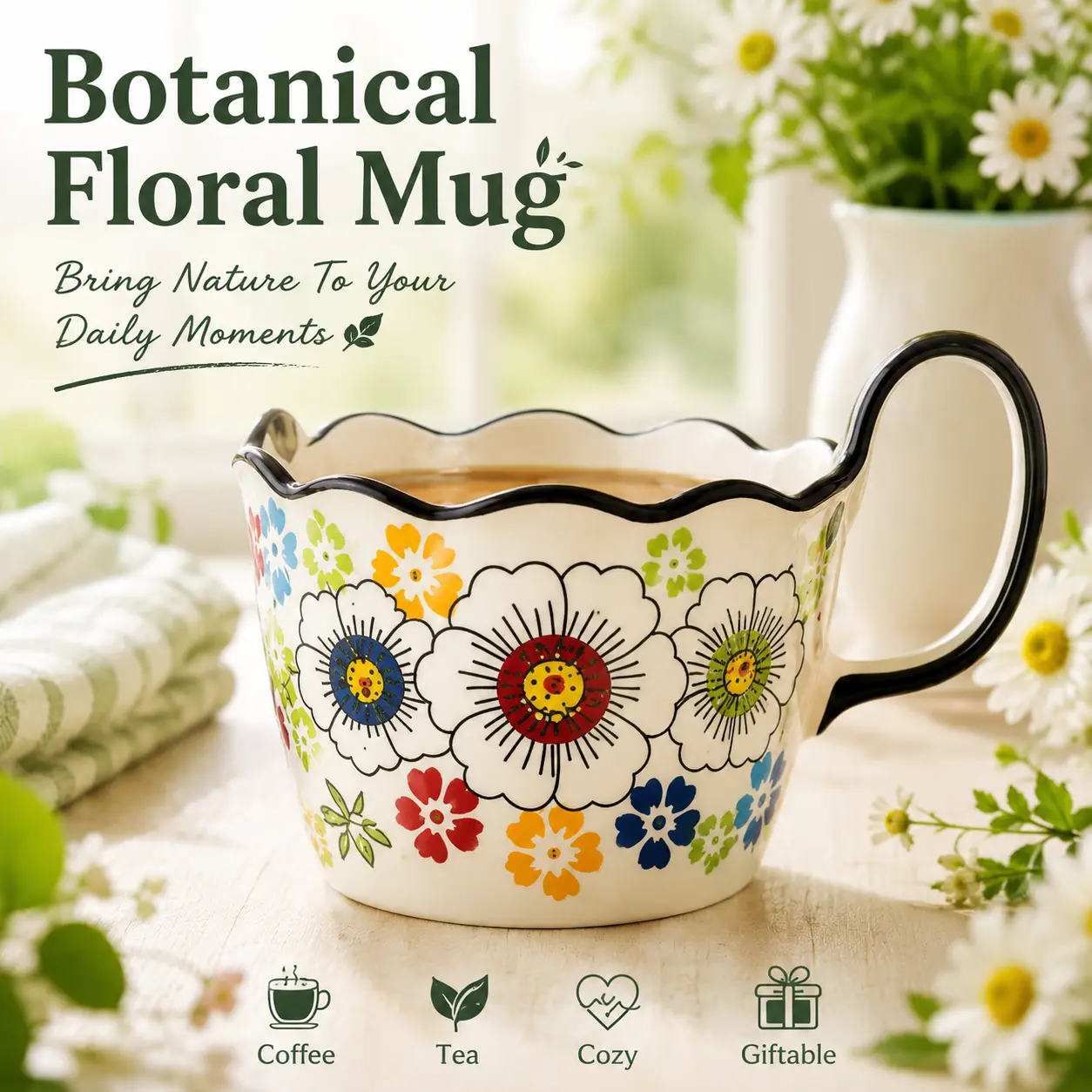 Botanical Floral Ceramic Mug with Large Handle, Cute Garden Coffee Cup, Hand Painted Style Tea Mug for Women, Cottagecore Kitchen Drinkware, Aesthetic Flower Cup for Coffee, Tea, Latte & Cocoa, Beautiful Gift for Mom, Friends & Flower Lovers