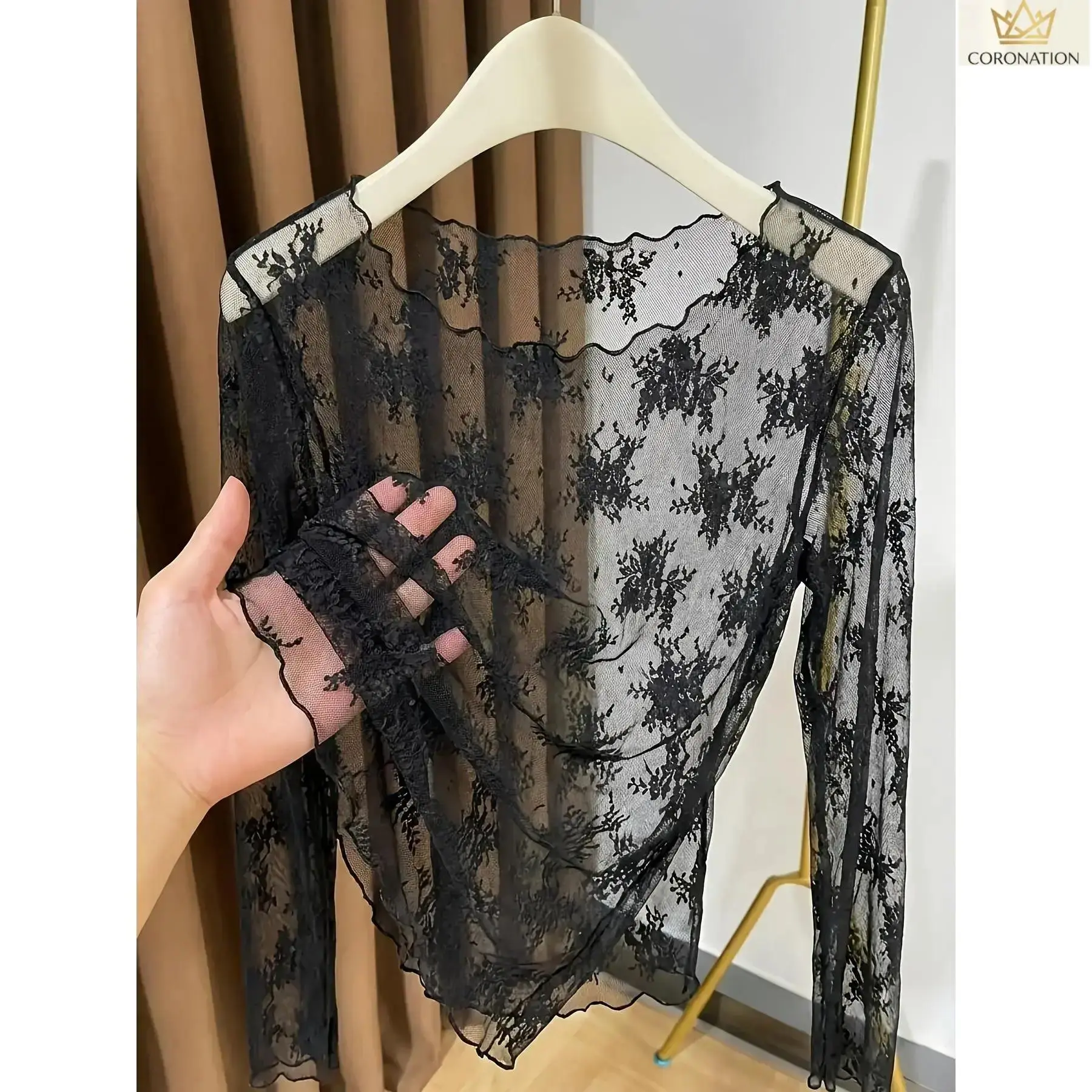 Women’s Sheer Lace Longsleeve Top - Stretchy Mesh Layering Shirt with Wide Neck, Lightweight Feminine Cut Blouse for Y2K Outfits, Going Out, Everyday Styling