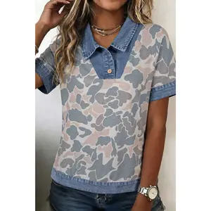 Multicolour Camouflage Print Denim Patchwork Polo Collar Tee