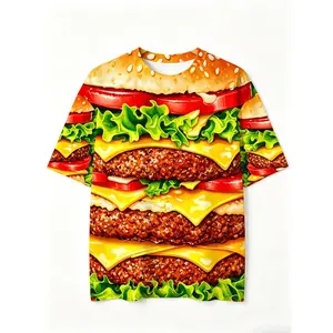 Giant Burger Print Men's Oversized Short Sleeve Tee, Plus Size Breathable Casual Top For Back To School & Daily Street Looks # TikTokMadeMeBuyIt # MenSummerTee # FoodGraphicShirt # StreetwearFashion # BirthdayGift # HalloweenAttire # ChristmasGift