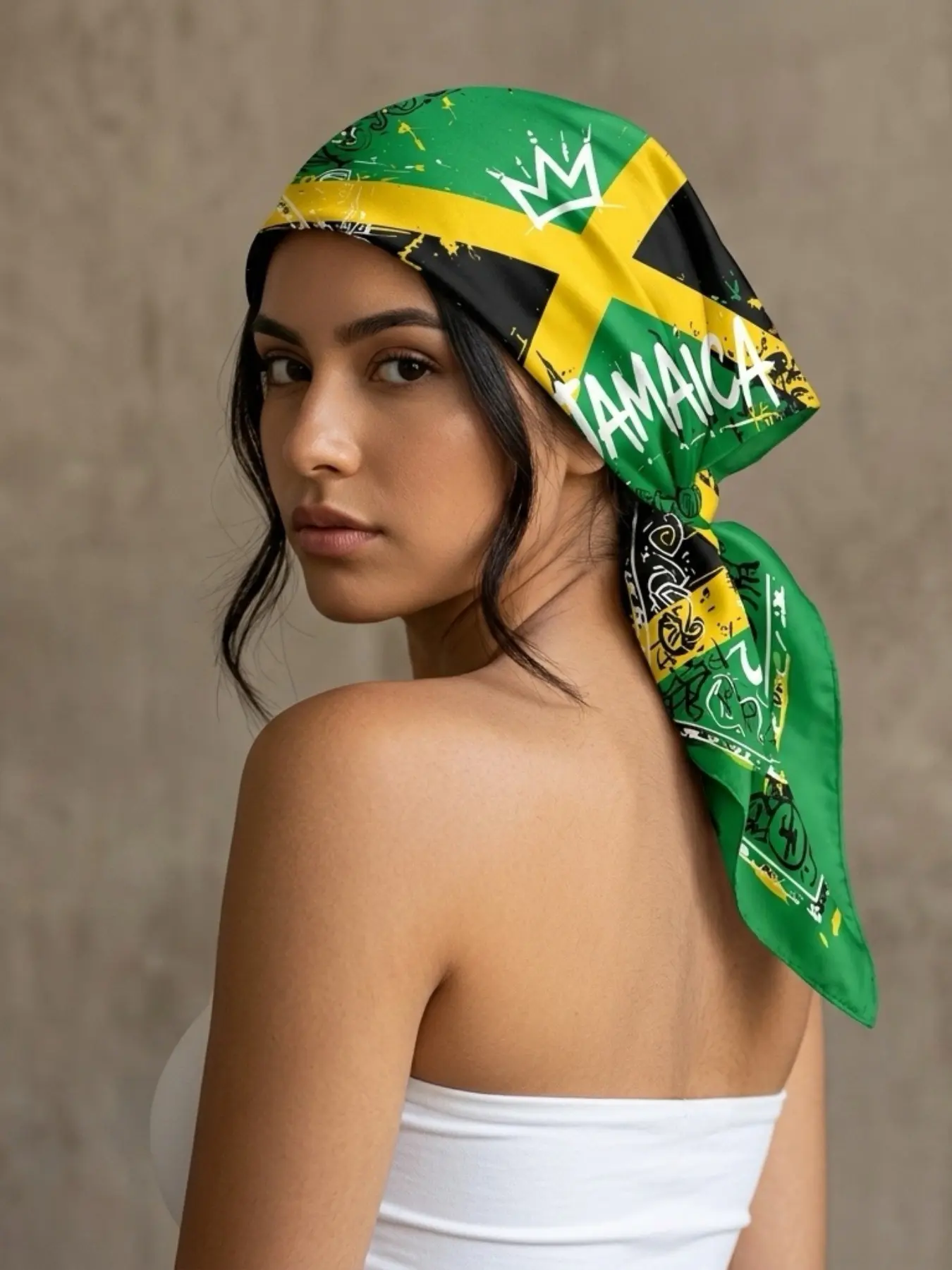 【Jamaican Culture】Summer Scarf Shawl Wrap with Flag, Green Yellow and Black Cross and Graffiti - Vibrant National Heritage Design for Patriotic Celebrations, Cultural Events and Festive Gatherings Head Scarf