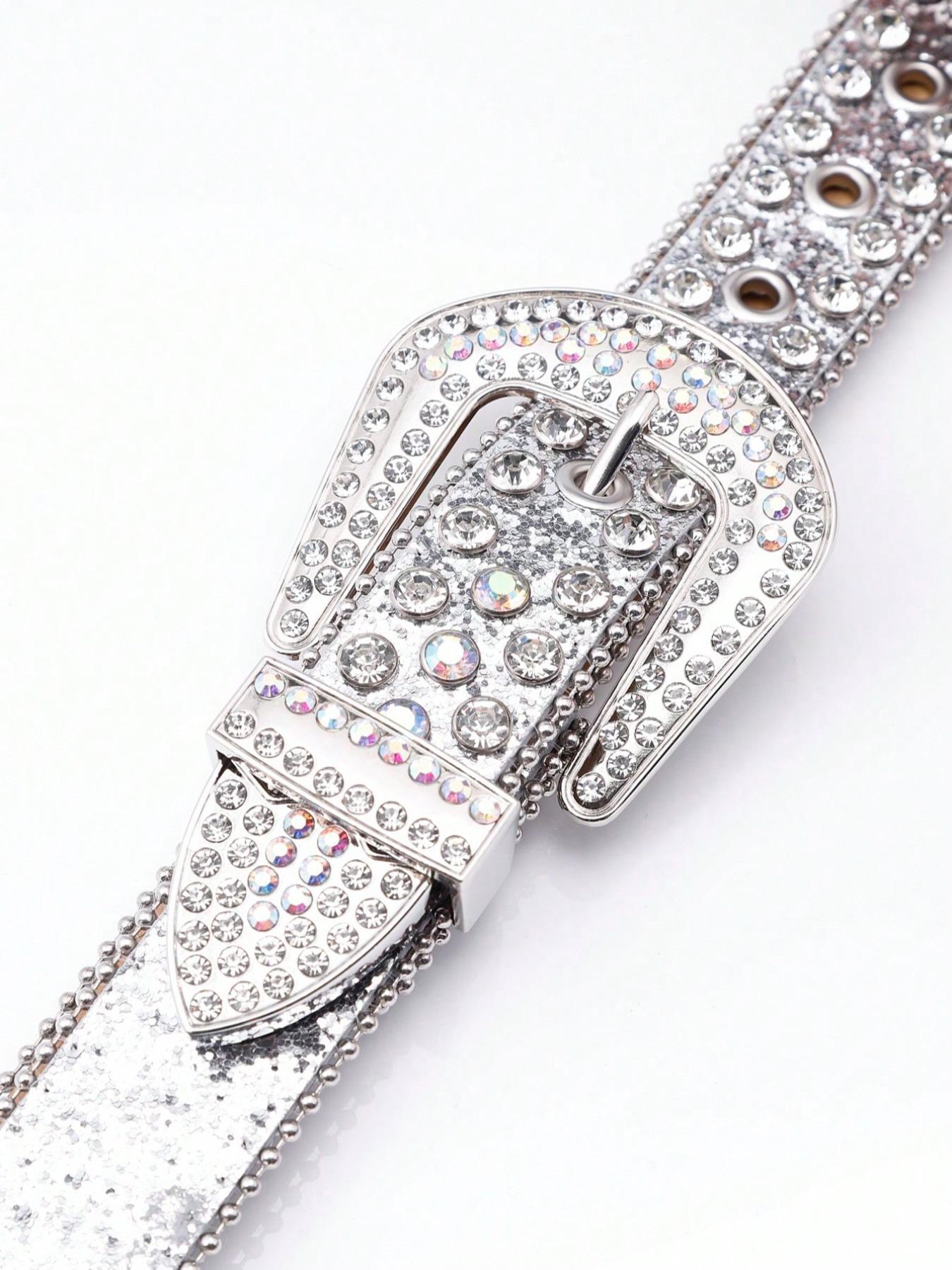 1 Piece Rhinestone Western Buckle Belt, Fashion Holographic Belt, Glitter Punk Waistband for Party, Daily Clothing Decoration, Bling Western Belt