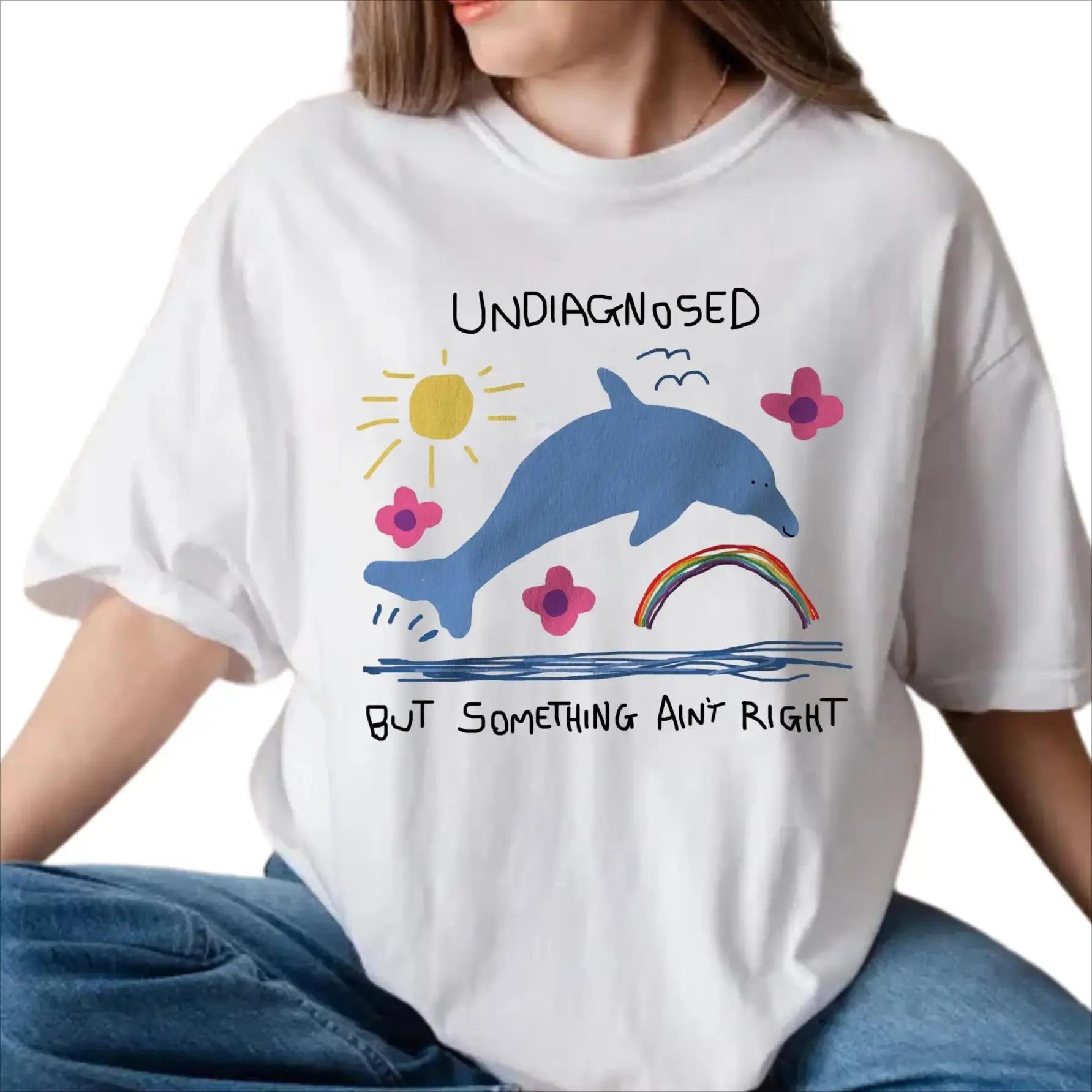 Women's Casual Crewneck Tshirt - Undiagnosed But Something Ain't Right Meme Tops, Funny Dolphin Joke Pure Cotton Women's Clothes, Unisex Silly Shirt, Round Neck, Meme Shirts Funny, Short Sleeves