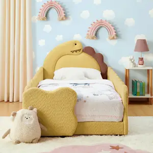 Twin Size Dinosaur Themed Kids Bed 80"L*43"W*37.5"H, Boucle Fabric Upholstered Bed Frame 300LBS Load Rounded Padded Guardrail Wood & Metal Structure for Small Bedroom