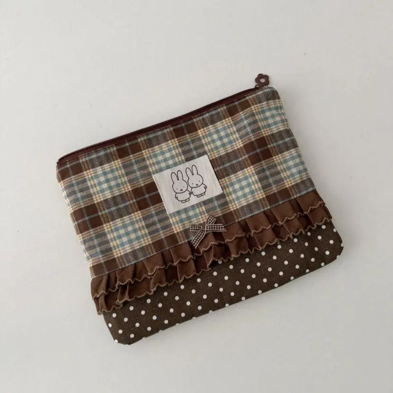 Kawaii Miffy Makeup Bag Cute Cartoon Checkered Color-Contrasting Storage Bag for Notes, Articles and Stationery Girl Gift