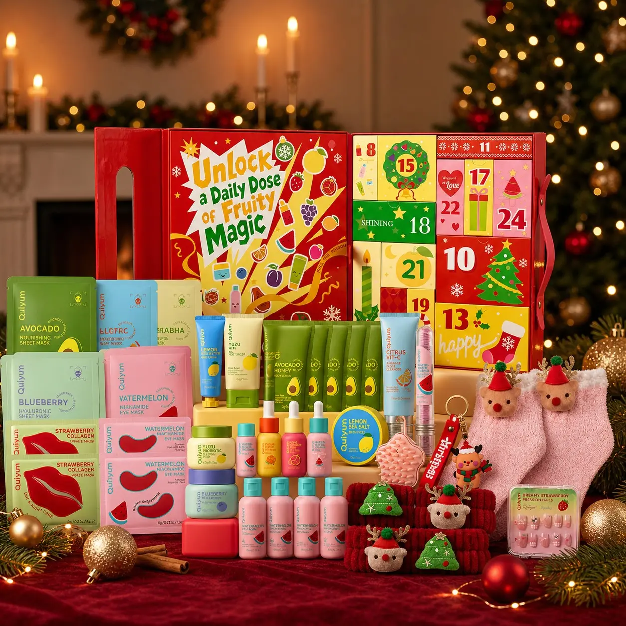 Advent Calendar 2026 Beauty Skincare & Bath Gift Set, 24 Days Christmas Countdown Calendar with Fruit Body Wash Scrub Lotion Spa Kit, Holiday Self Care Gifts for Women Her Teens Girls, Christmas Gifts, Bath Body Care Set