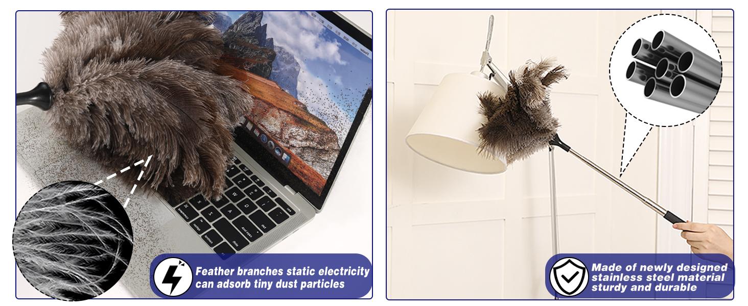 Extendable Ostrich Feather Duster-40 inches Fluffy Long Handle Reusable Feather Duster For Cleaning Ceiling Fan,Pendant lamp, High Ceiling, Blinds, Furniture