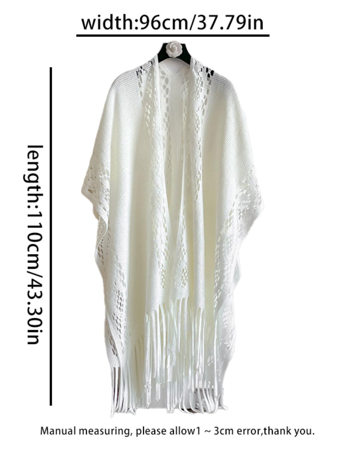 Women's Solid Color Hollow Out Fringe Trim Cape Shawl, Casual Elegant Shawl for Daily Wear, Fashion Accessories for Women & Girls, Clothes