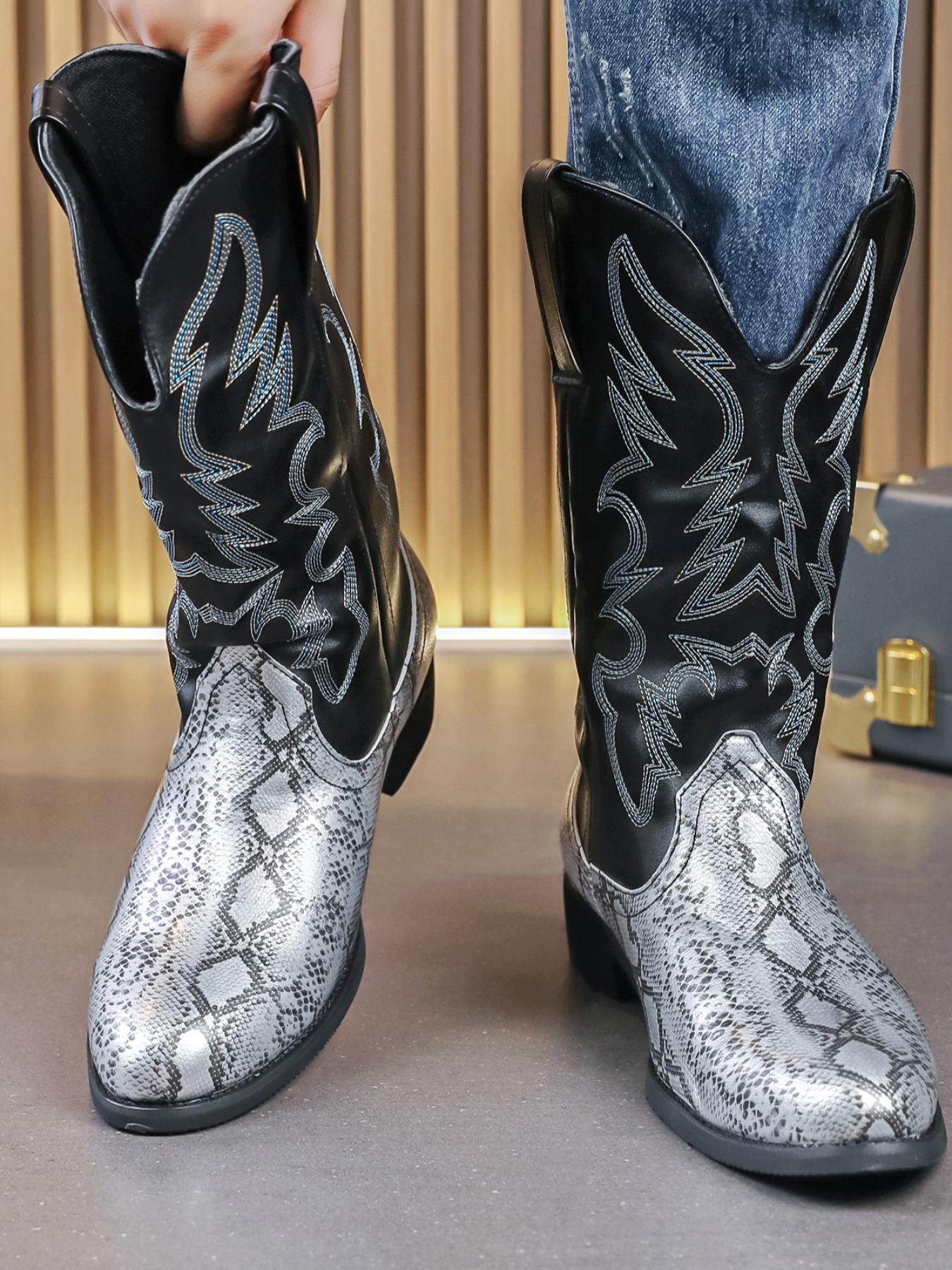 Men's Fashionable Snakeskin Print Embroidering Design Boots, Punk Style Cowboy Boots for Daily Wear, Western Embroidered Boots, Fashion Vintage Shoes for Party, Daily Clothing Decor Footwear