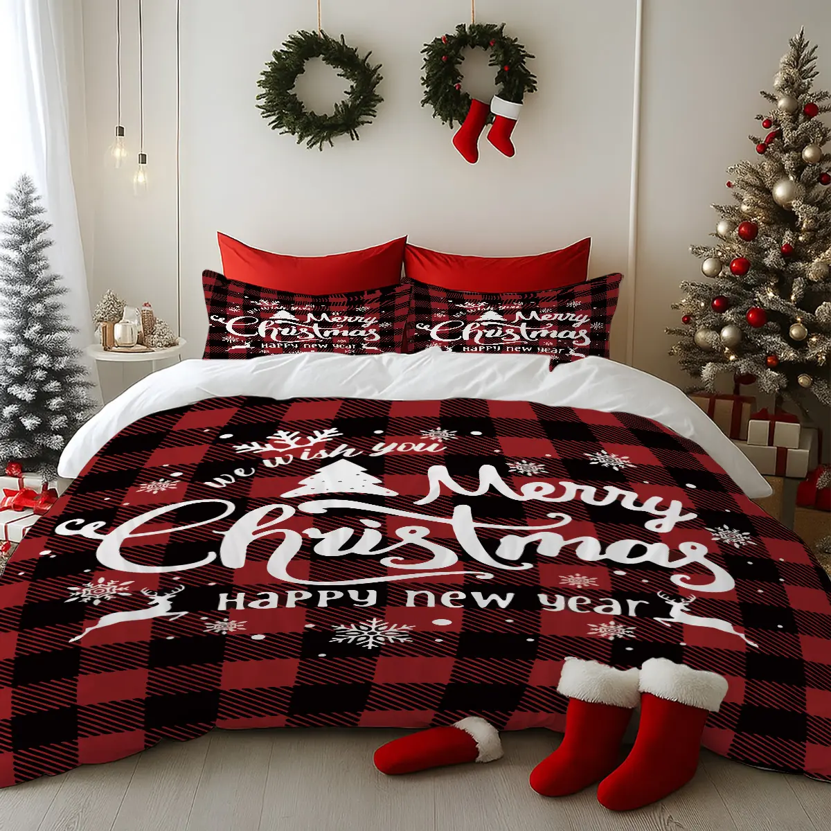 Merry Christmas three-piece set, black and red plaid Merry Christmas slogan print, soft and comfortable, including 1 quilt cover and 2 pillowcases (excluding core), suitable for bedroom or dormitory decoration Christmas decorations