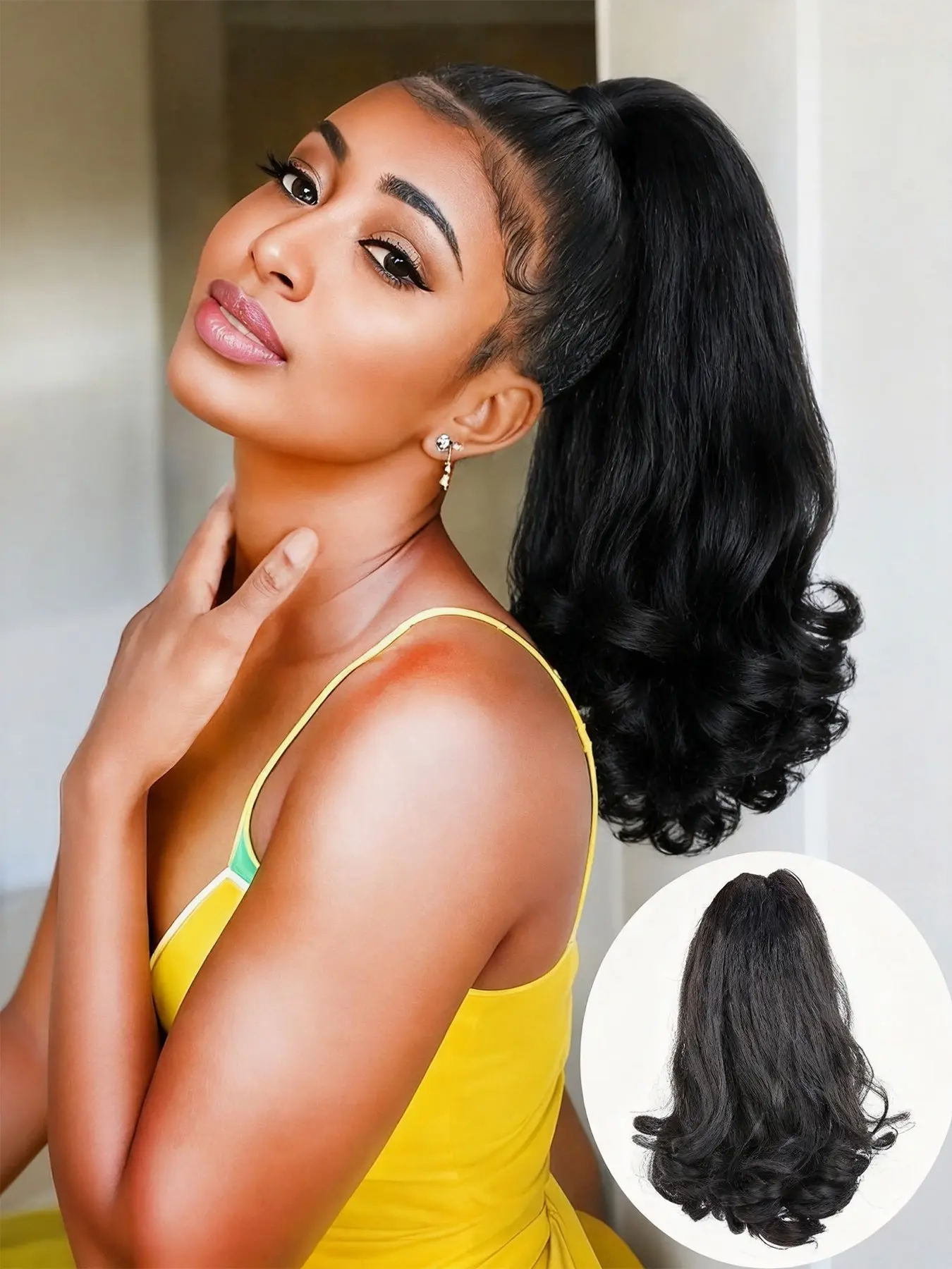 Natural Black Yaki Straight Drawstring Ponytail Extension for Black Women, Synthetic Kinky Straight Ponytail with Wrap Around, Shoulder Length, Synthetic Ponytail Hairpieces