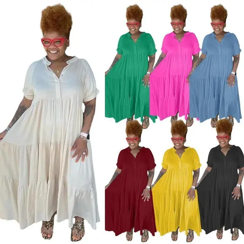2025 Summer Plus Size Maxi Dress Women Fashion Holiday Beach Casual Button Lapel Dress Fit Shirt