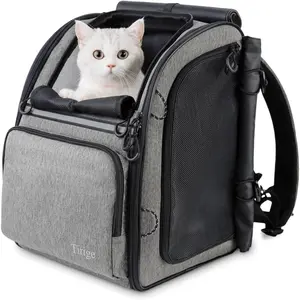 Dog & Cat Carrier Backpack for Travel, Hiking & Vet Visits - Solid Durable Pet Backpack with Breathable Mesh, Safety Strap, Anti-Anxiety Curtain & Storage Pockets, Gray