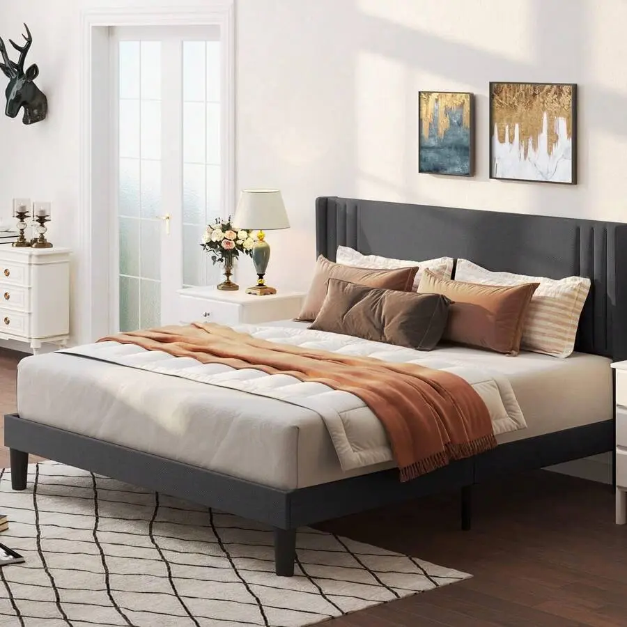 Upholstered Wingback Headboard Queen Bed Frame - Rectangular, Metal Wood Slat Support, 850lbs Weight Capacity, Dark Grey Indoor Furniture