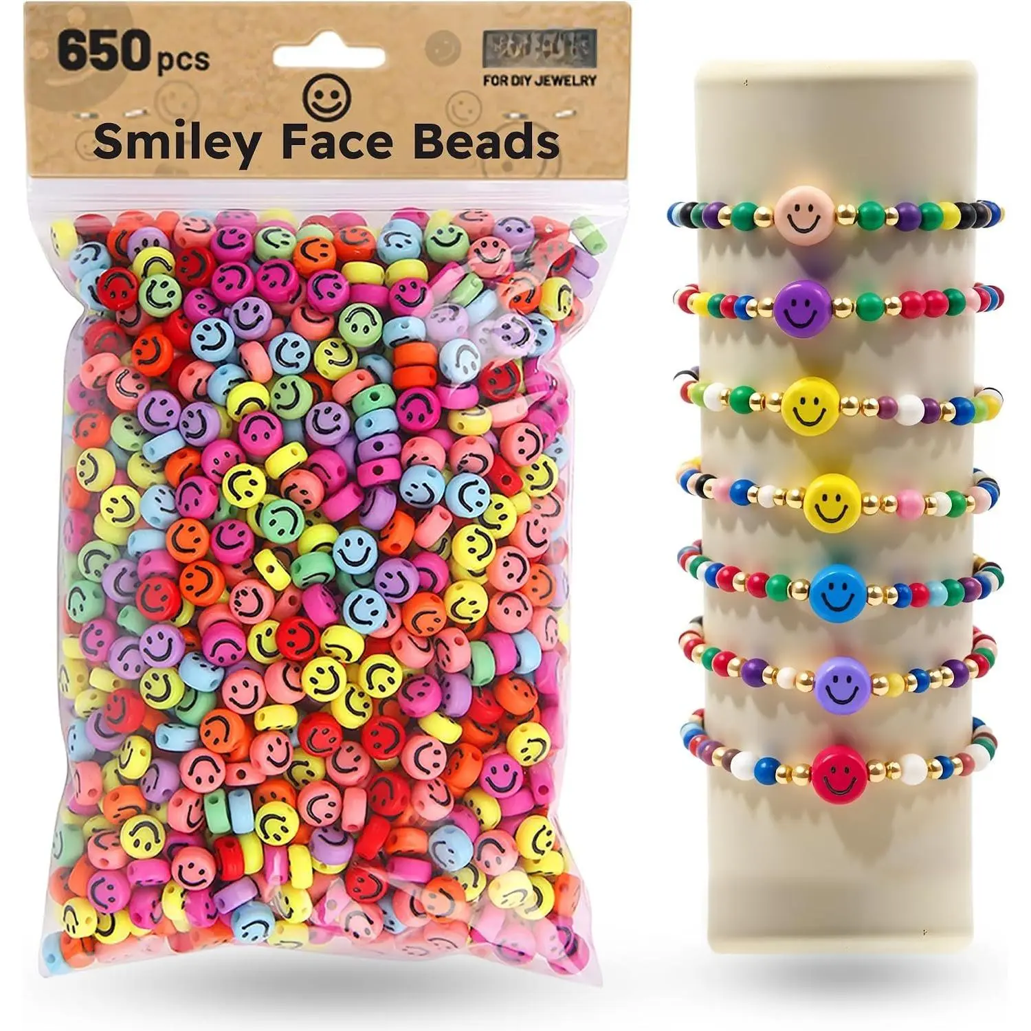 650 count of Smiley  Beads, 7x4 mm, Big Pack |  Colorful Beads, Happy  Bead's for DIY  Bracelet Earring Necklace Craft Making Supplies
