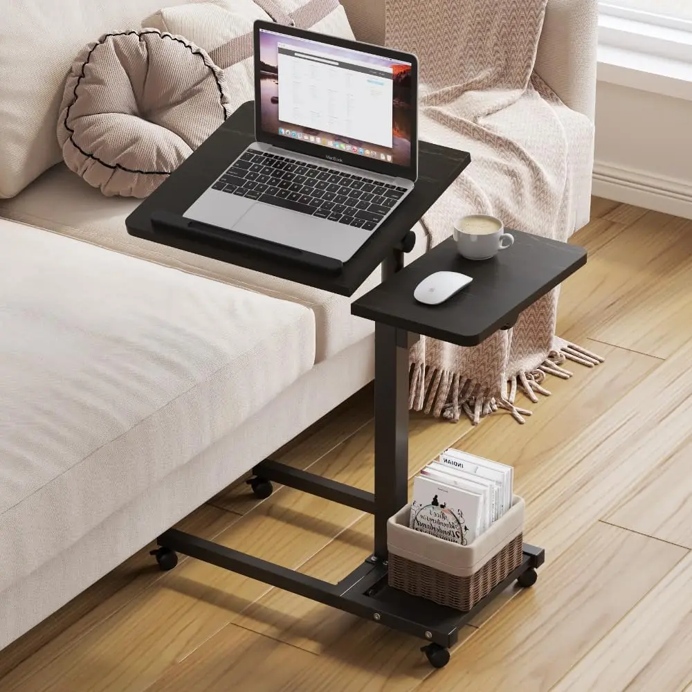 Laptop Desk Stand for Bed Portable Desk Overbed Bedside Mobile Laptop Table Rolling Foldable Table Adjustable Height with Locked Wheels &  Pad for Office Sofa (Dekuwood Black)