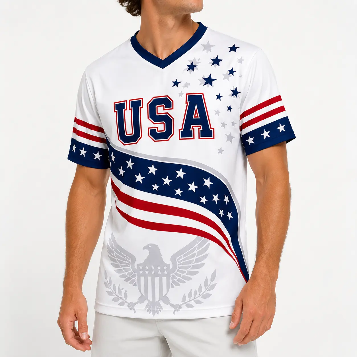 USA Patriotic V-Neck Short Sleeve Unisex Jersey Shirt, American Flag Stars Eagle Graphic Sports Top for 4th of July, Game Day, Parade, BBQ and Summer Parties,outfits,men's wear,men fashion,summer men fashion clothes,football jersey,fan jersey,fan cheering