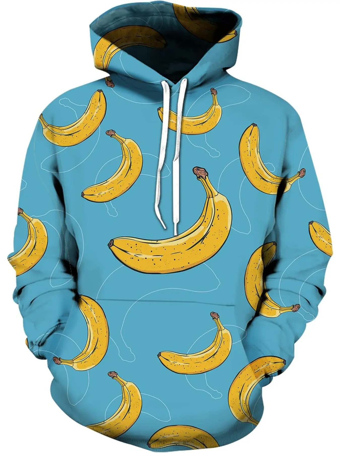Fresh Blue Base with All-Over Banana Print, Cartoon Fun Casual Hoodie