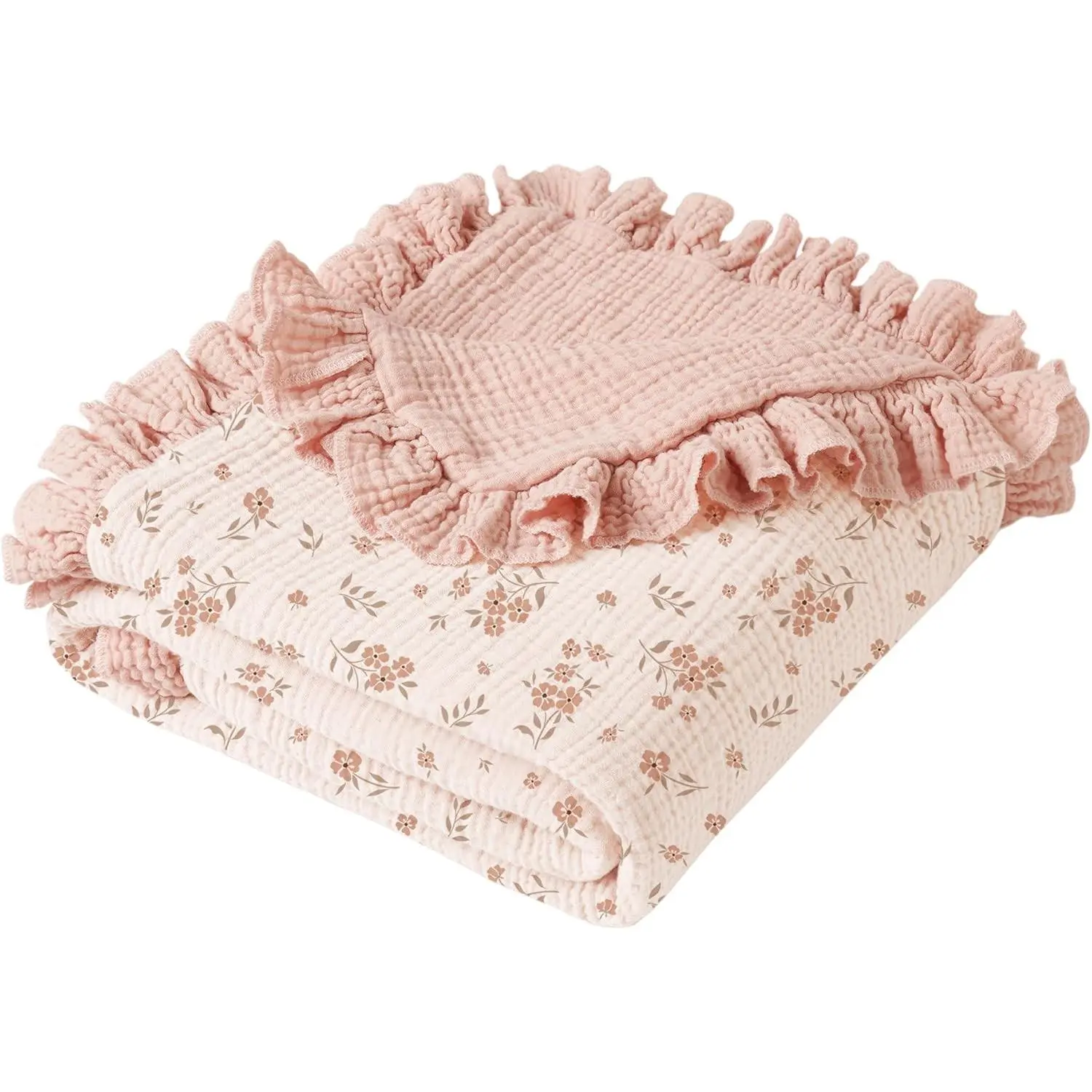 100% Cotton Muslin Baby Blanket with Ruffle Trim for Girls, 43"x39" Reversible, Ultra Soft & Lightweight for Swaddling, Crib, Stroller & Nursery, Newborn to Toddler (Blossom)Gift