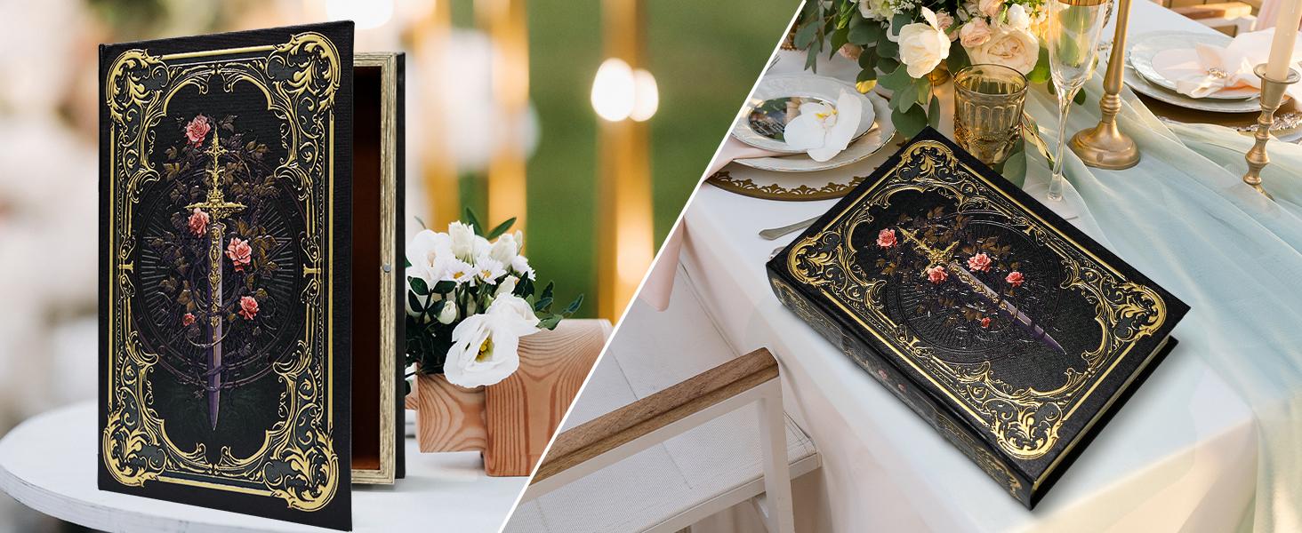 Premium Canvas Book Shaped Box with Gold Foil Decorative Storage,Secret Safe for Valuables, Remote Control Holder Elegant Home Office Decor Large Size Box