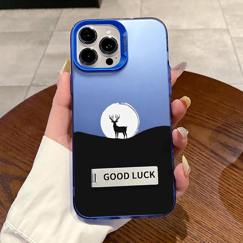 Case for iPhone 16 Pro Max 15 Plus 14 13 12 11 XR E XS Moonlit Stag Pattern Bracket Shockproof Silicone PC Back Protective Smartphone Cover
